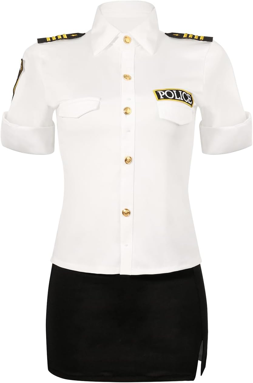 Women Sexy Cop Costume Police Officer Outfit Long Sleeve Jumpsuit Halloween Cosplay Romper Bodysuit Naughty Uniform