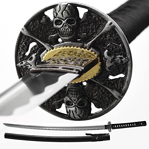 YONG XIN SWORD-Samurai Katana Sword, Japanese Handmade, Practical, 1045 Carbon Steel, Tempered/Clay Tempered, Full Tang, Sharp, Scabbard (Skull)