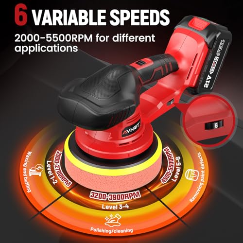 Updated Cordless Polisher with 2x4.0Ah Batteries, 6 Variable Speed up to 5500 RPM, 6 In Car Buffer Polisher for Car Detailing, Polishing, Boat Sanding, with Car Wax Buffing Machine Kit, Toolbag
