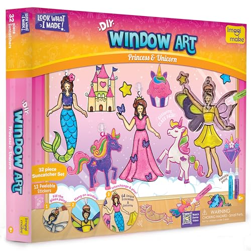 Image of Imagimake Window Art Princess & Unicorn | Mermaid Suncatcher Kit | 32 Pieces Glass Painting Set | Kids Activities Ages 5-8 | DIY Craft Kit | Birthday Gift for Girls Ages 5,6,7,8,9,10,12 Years Old