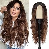 NAYOO Long wavy Wigs for Women Middle Part Wavy Curly Wig with Dark Roots Synthetic Heat Resistant Fiber Women Wigs for Daily Party Use (Ombre Brown)