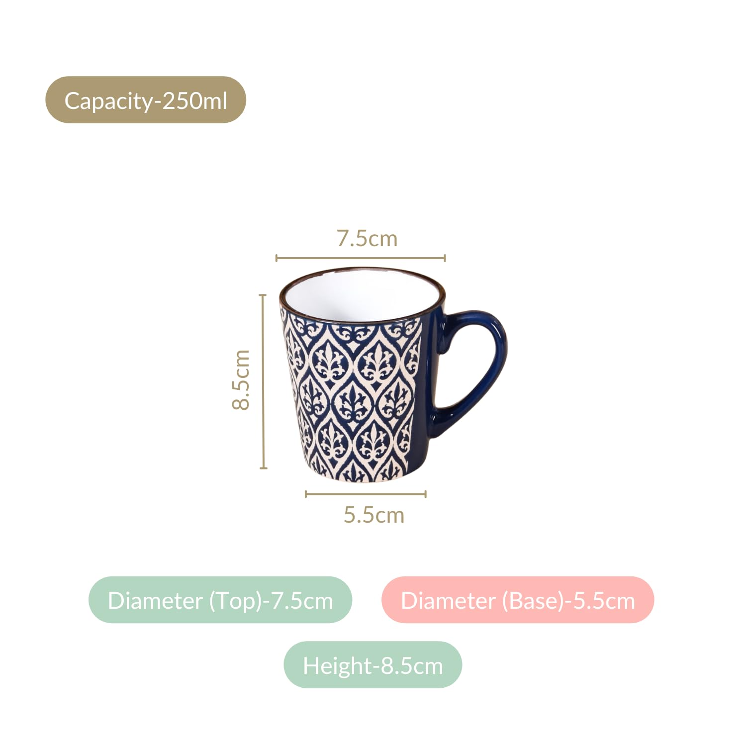 Nestasia Set of 6 Ceramic Tea Cup | Microwave & Dishwasher Safe, Glossy Finish, Perfect for Gifting (Navy Blue, 250ml Each) 2