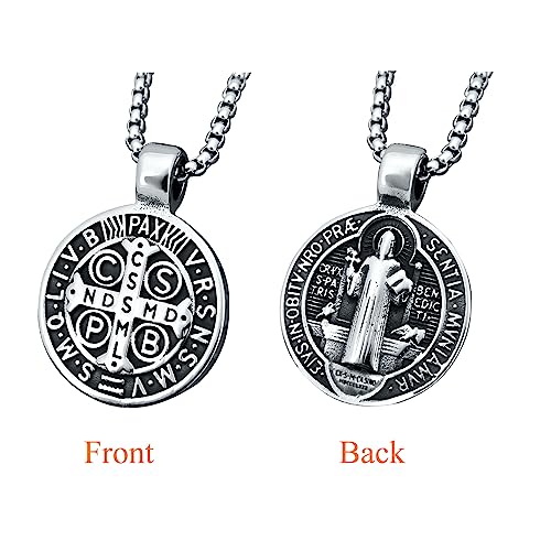 Mens Stainless Steel St Benedict Medal Necklace,Silver Catholic Medalla Cross Demon Protection Roman Exorcism Pendant Ghost Hunter,Medalla De San Benito Medalla2