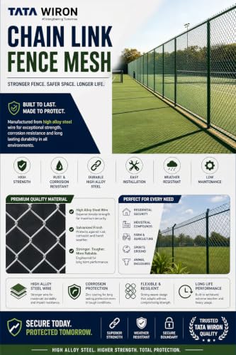 Image of Fencing Wire | Fencing Net| Heavy Duty Galvanized Chain Link Fencing Net | 5 Ft Height x 50 Ft Roll | 12 Gauge (2.5 mm) | 3 inchx3 inch Mesh | Farm, Garden, Boundary & Security Fencing Wire