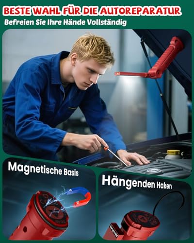 Coquimbo Coquimbo Geschenke für Männer Papa Ihn, Werkstattlampe LED Arbeitsleuchte Taschenlampe Aufladbar Inspektionsleuchten KFZ Werkzeug mit Magnet und Haken Gatgets für Männer (Rot) - Zusatzansicht 4 | TV | Video | Foto