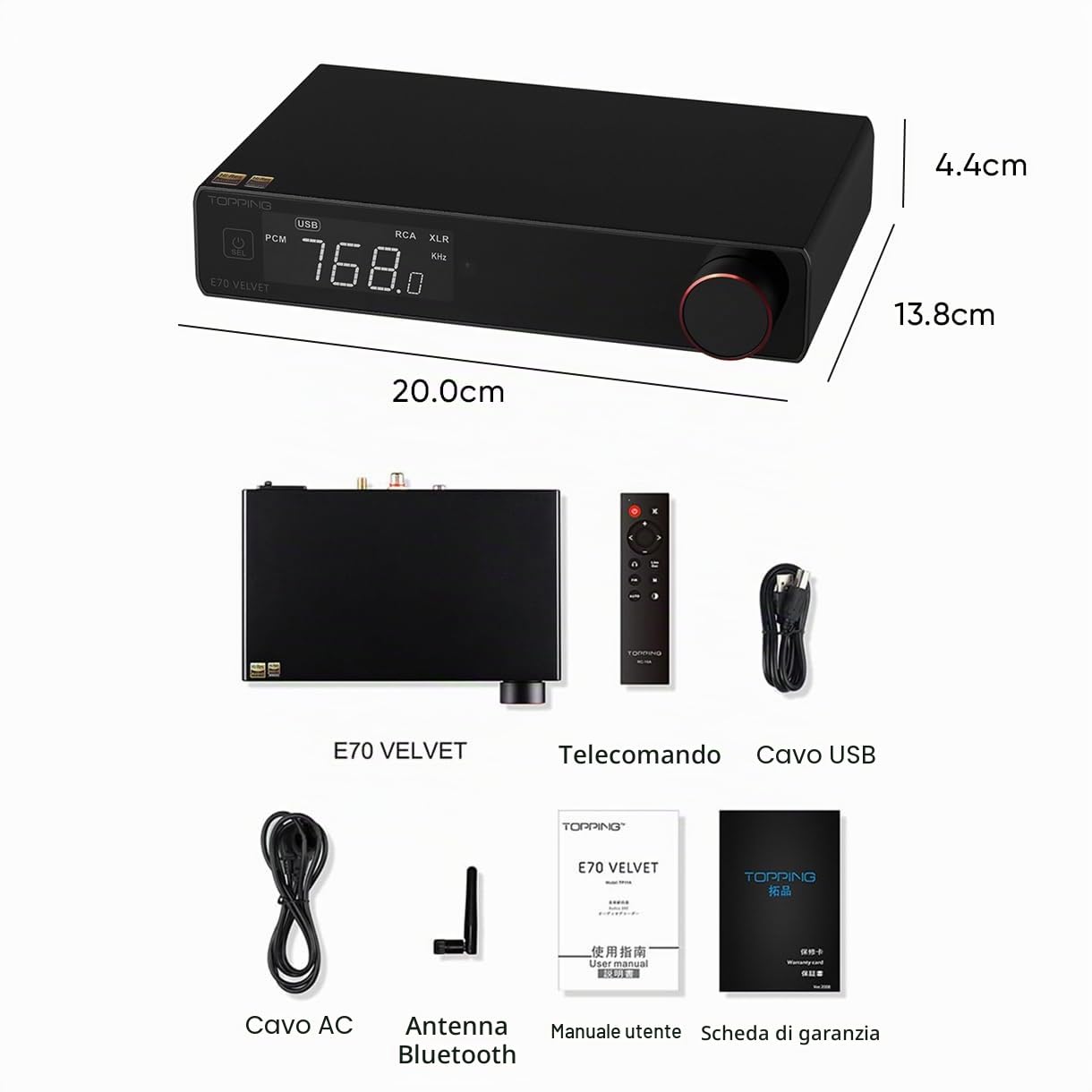 Topping E70 Velvet AK4499EX DAC, XU316 DSD512 PCM768kHz DAC, Ingresso USB/Bluetooth/Opt Toslink/Coax Convertitore D/A, HIFI Audio Preamp DACs (Nero)