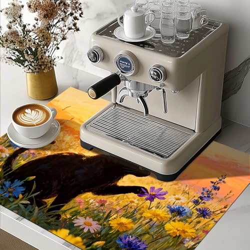 Image of HOMETITUTE Spring Stove Top Covers for Electric Stove 28x20 Inches Black Cat Sunset Wildflower Heat Resistant Glass Cooktop Protector Pad Decorative Stovetop Cover Dish Drying Mats for Kitchen Decor