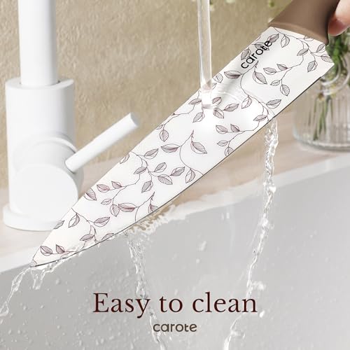 CAROTE 12PCS Knife Set, Kitchen Knife Set with 6 Blade Guards, Stainless Steel Knives Set With Nonstick Ceramic Coating, Rustproof, Delicate Floral Designs, White - Image 5