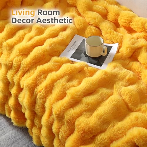 Smoofy Faux Fur Throw Blanket for Couch – Mustard Yellow Fluffy Cozy Rabbit Fleece, Plush Soft Bubble Blanket for Sofa & Bed, for Mom, Warm Fuzzy Home Room Decor Throw 50" x 60"