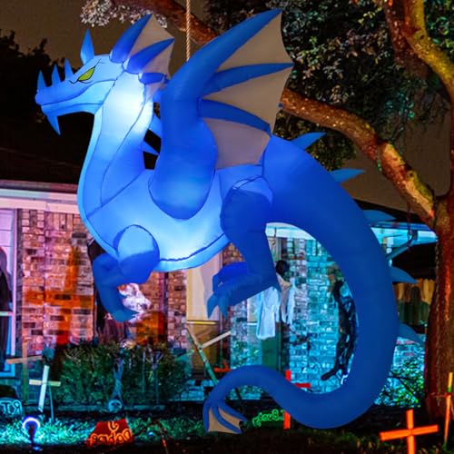 GOOSH 5FT Tall Halloween Inflatables Dragons Outdoor Decorations Blow Up Yard The Hanging Dragon with Built-in LEDs for Indoor Party Garden Lawn Decor(Blue)