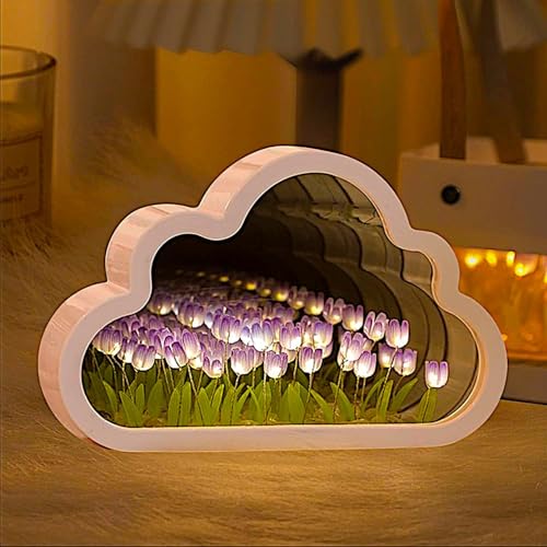 Image of Olyra Tulip Light Mirror Cloud Shape with LED Tulip Flowers, Aesthetic Cloud Vanity Mirror Lamp for Bedroom & Dressing Table, Cute Korean Style Room Decor Mirror Light for Girls Desk, Makeup & Gift