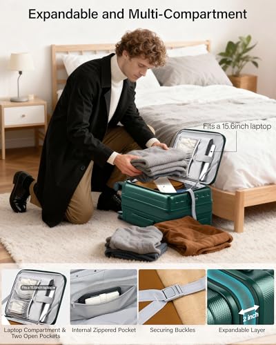 Image of Hanke 56cm Expandable Cabin Trolley Bag, 15.6 Inch Laptop Compartment, Top Opening Hard Shell Polycarbonate, 8 Durable Silent Spinner Wheels, Lightweight Carry On Suitcase for Women,Blackish Green