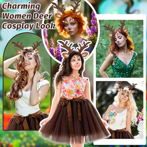 Vibbang Rentier Kostüm, Reh Kostüm Damen, Hirsch Blumenstirnband und Tüllrock Braun, Karneval Cosplay Kostü-m mit Gesichtsaufkleber, Elch Cosplay für Party, Karneval, Mottoparty