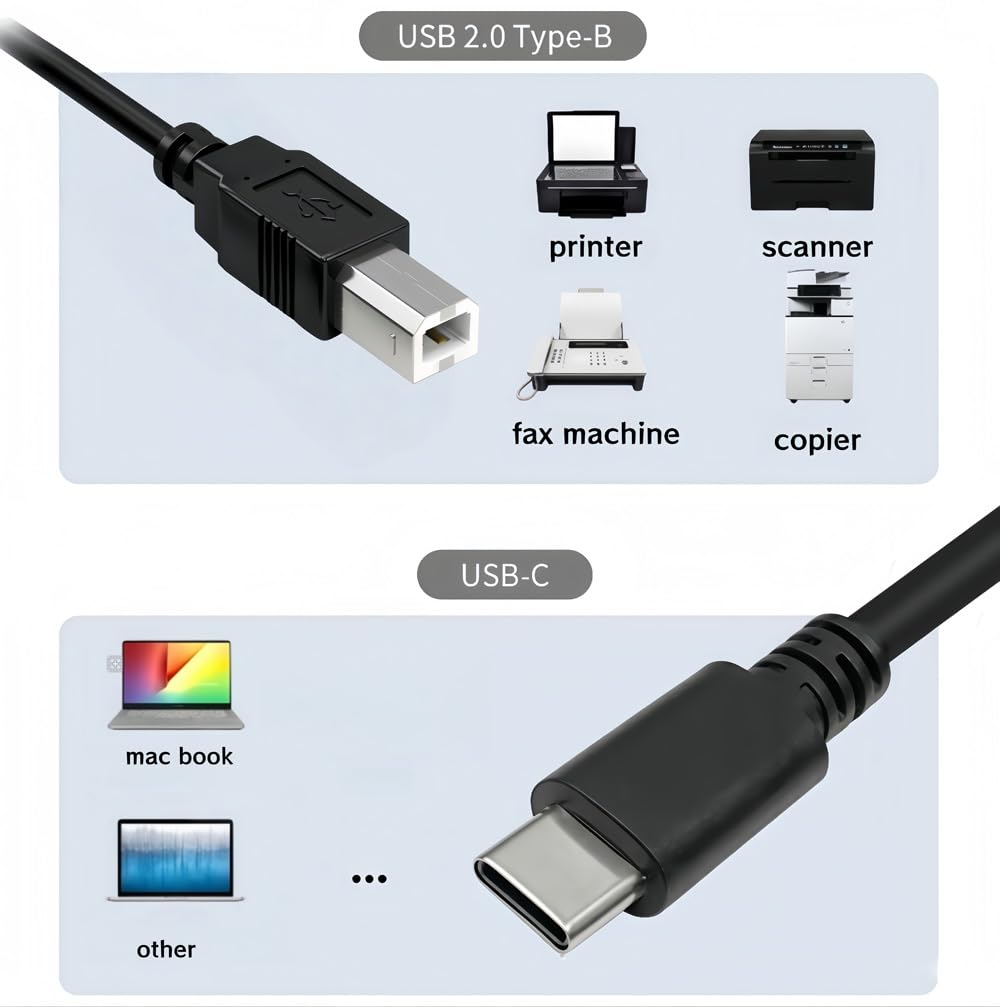 Cavo per stampante tipo C, 2 m, cavo USB B a USB C per stampante HP, Canon, Epson, Brother, Laserjet, MacBook Pro/Air M1/M2/M3, iMac, Scanner, trasferimento dati e sincronizzazione