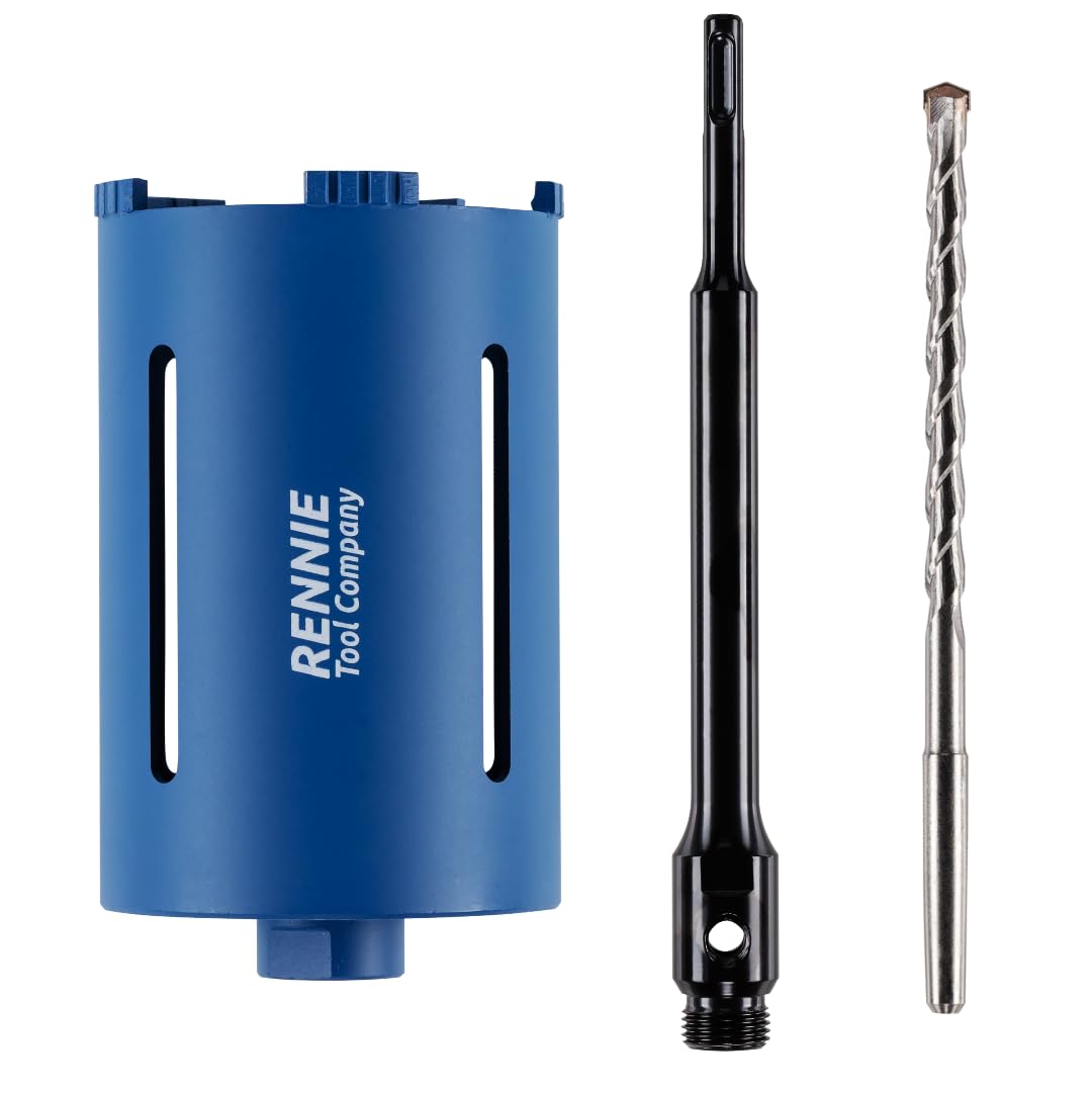 107mm x 150mm Long Diamond Core Drill Bit Set with 240mm Long SDS Plus Shank Adapter & Centre Drill Bit. To Be Used In Concrete Masonry Brick Block Stone Granite