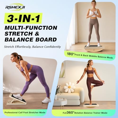 Image of 3-in-1 Slant Board & 180 /360 Balance Board, Portable 6 Angle Adjustable Calf Stretcher with Training Poster, Anti-Slip 300LBS Wobble Board for Physical Therapy, Standing Desk & Core Strength