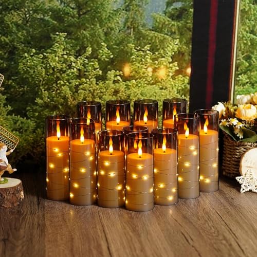 Image of LTETTES Acrylic Fiber Glass Led Candles Set of 12 | Embedded Star String Lights | Flickring Wick | 2 AA Battrey Operated with Remote | Home Decor & Festival | H 5.5'', 6.5'', 7.5'' x D 2.3'' | Grey