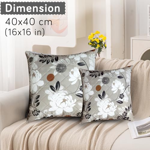 Image of HOKIPO 'Elira Series' Printed Quilted Cushion Cover for Sofa 16x16 Inches, Set of 2, Feather Brown Floral (AR-6231-C1*2)