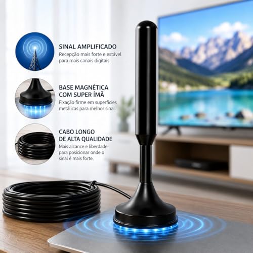 Antena TV Digital Amplificada Interna e Externa HDTV UHF VHF, Base Magnética com Super Ímã, Cabo de Longo Alcance, Compatível