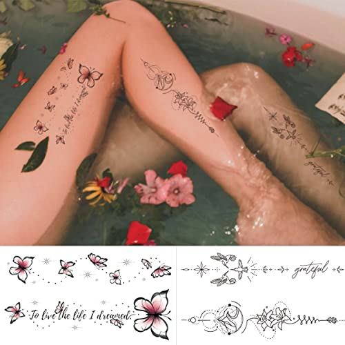 Viwieu Realistic Temporary Tattoos Flower Butterfly Daisy Bird Inspiration Sayings Body Art For Adult Women Girls 15 Sheets, Waterproof Finger Hand Arm Chest Shoulder Clavicle Lower Back Body Décor #TOP3
