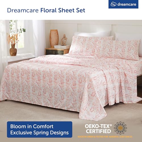 Image of DREAMCARE Queen Sheet Set - 4 pcs Breathable Cooling Sheets - up to 15 inch Deep Pocket Queen Sheets Set with Side Pockets - Extra Soft 100% Brushed Hypoallergenic Hotel Luxury Bedding - Floral Pink