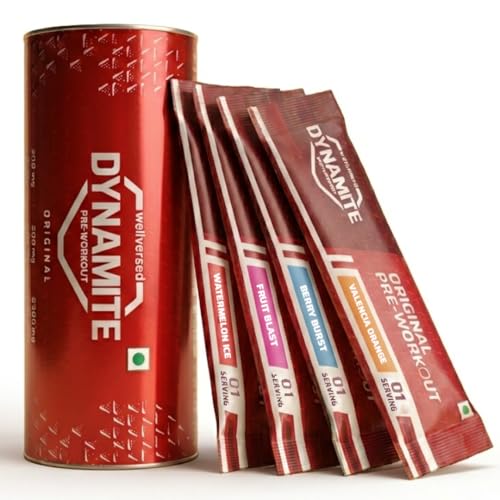 Image of Dynamite Original Pre-workout Sachets (Pack of 8, Assorted Flavours) | Instant Energy Boost & Pump for Workouts | 200mg Caffeine | 6500mg Citrulline Complex | Pre-Workout Supplement for Men & Women - 112g