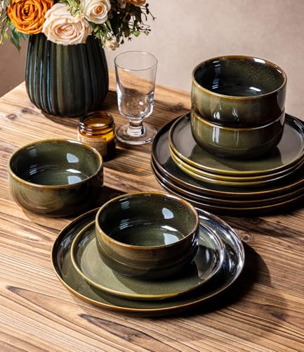 Image of TheTerra Ceramic Dinnerware Sets for 8, 24 Pieces Handmade Reactive Glaze Plates and Bowls Set, Scratch Resistant Dish Set, Oven & Microwave & Dishwasher Safe, Olive Green