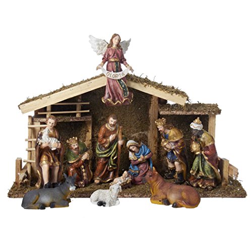 Kurt Adler 12-Piece Wooden Stable Nativity Set, Brown