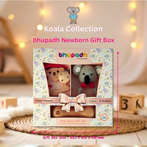 Image of Newborn Gift Box Koala Collection (0-12 Months) | 3-in-1 Set with Crochet Rattle, Wooden Dumbbell Rattle & Koala Teether | Montessori Baby Toy| BPA Free | Non-Toxic Cotton & Beechwood | Gift Box