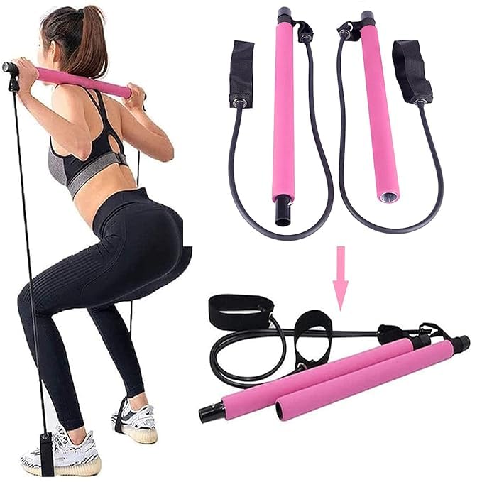 RAMYAENT Pilates Bar Kit with Resistance Band, Portable Exercise Stick with Foot Loop, Multi Colour, for Yoga, Stretch, Sculpt, Twisting, Sit-Up Bar 1