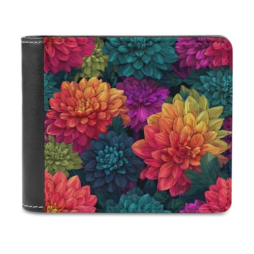 Colorful Dahlia Flower Soft PU Leather Bifold Wallet, Coin Purse Credit Pass Case, Durable Card-Holder Slim Billfold for Men Woman Money Storage
