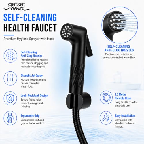 Image of Anti-Clog Jet Spray for Toilet with 1.5 Meter Pipe, ZeroBlock Silicone Nozzles, High Pressure Health Faucet, Leak-Proof Stainless Steel Jet Spray Gun, Bathroom Bidet Spray Full Set, Black