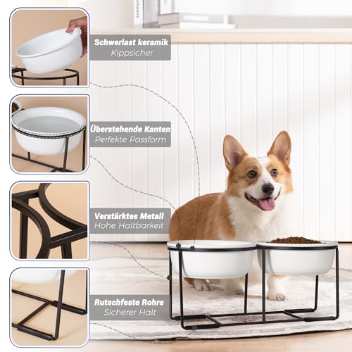 Hundenapf Set Erhöht Hundenäpfe Keramik - Fressnapf Hund 2er Set mit Rutschfestem Metallständer - Doppelnapf Hund für Futter und Wasser - Ideal für Kleine und Mittelgroße Hunde - 2 x 800 ml - Mattweiß