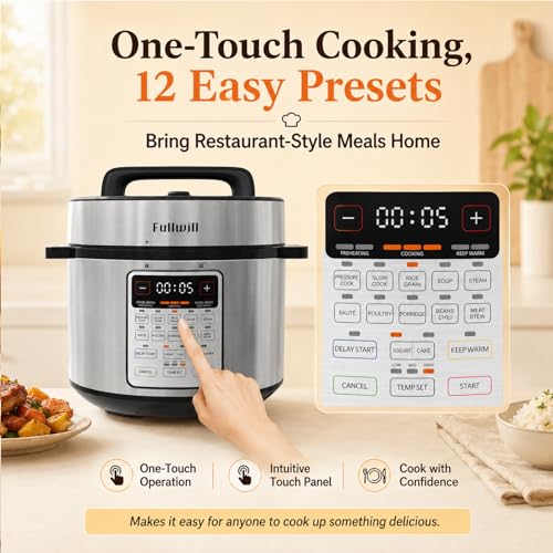 Image of Fullwill 8QT Electric Pressure Cooker, 12-in-1, Ceramic Nonstick Pot, Saute, 1200W Fast Cook, Slow Cook, Steam, Yogurt, Rice Cooker, for Family Meals, 1200W,Silver