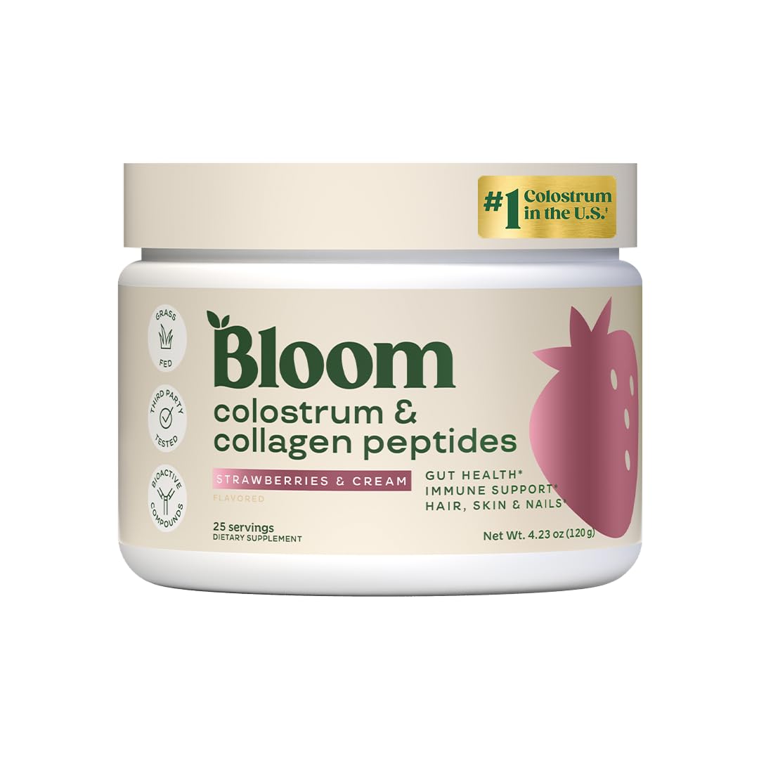 Bloom Nutrition Bovine Colostrum Powder, Strawberries & Cream, 25 Servings Strawberry 25 Servings