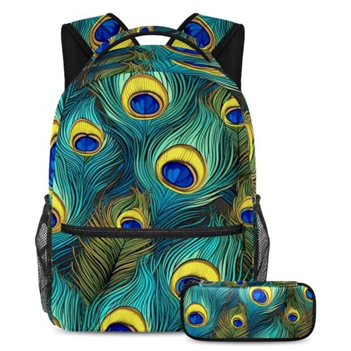 Sac à dos plumes de paon 2 pièces avec trousse pour l'école et les voyages