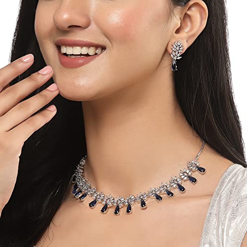 Image of ZENEME Rhodium-Plated American Diamond Necklace Set with Earrings for Girls Silver Toned Floral AD Jewellery Set For Womens