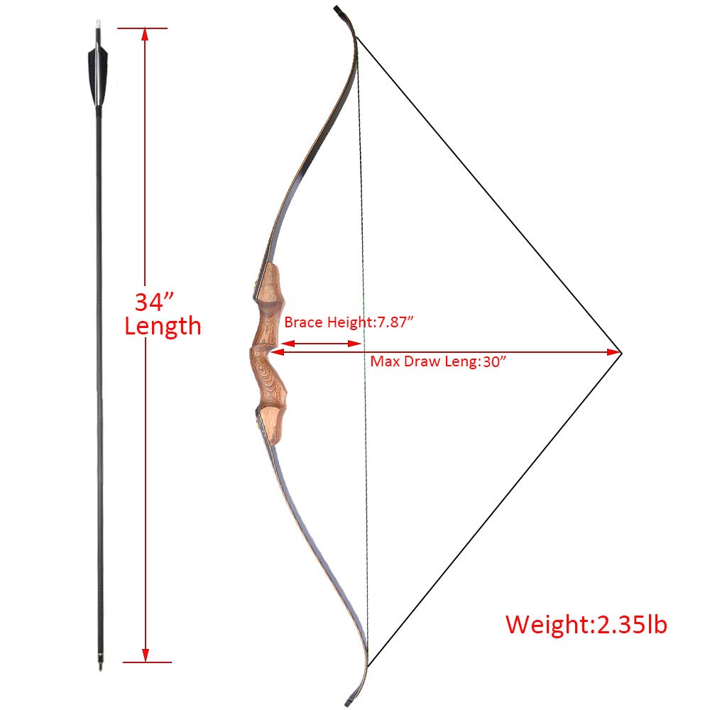 AMEYXGS 60" Tiro con L'Arco Takedown Longbow Arco ricurvo e Freccia Set Riser in Legno 20-60lbs Arco da Caccia Arco Tradizionale da Caccia all'aperto Arco per Adulti Mano Destra