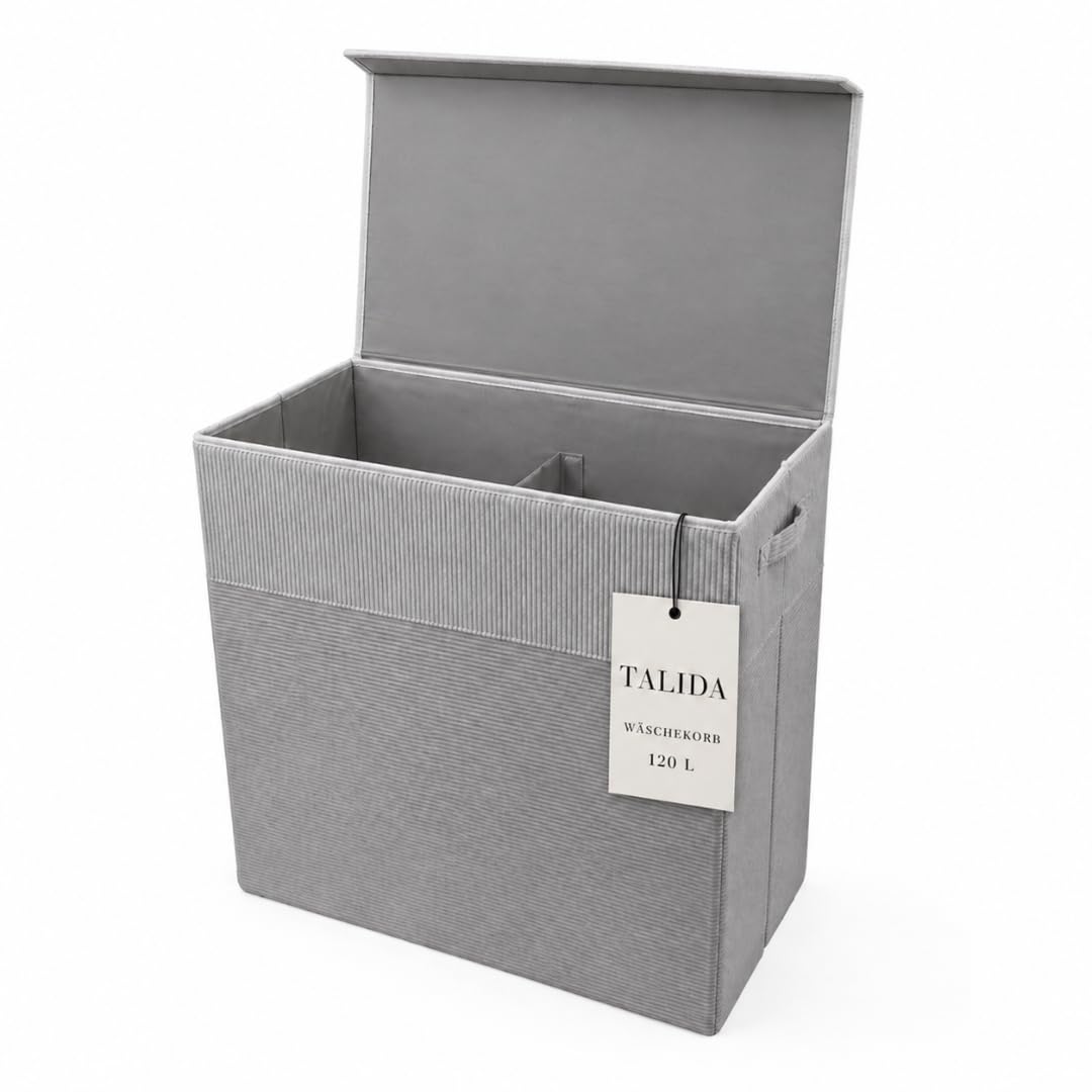 TALIDA Wäschekorb Cord – mit abnehmbaren Deckel | platzsparend & praktisch | faltbarer Wäschesammler | Pfandflaschen Sammelbehälter | Schlafzimmer, Kinderzimmer & Badezimmer (Hellgrau, 120L)