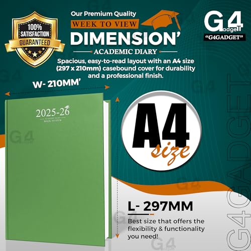 G4GADGET A4 Academic Diary 2025-2026, Week to View, Sea Green, Case-Bound, A4 Week To View - Image 3