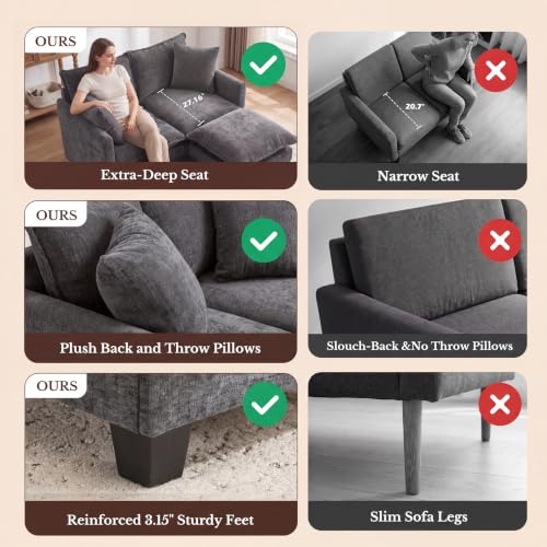 Image of KYJ Loveseat Sofa with Ottoman, Cloud 3 Layer Cushion Love Seat Couch | 50 inch Chenille Small Sofa, 27 inch Deep Seat, 2 Washable Pillow, in a Box for Bedroom & Living room, Singles, Couple & Kid, Grey