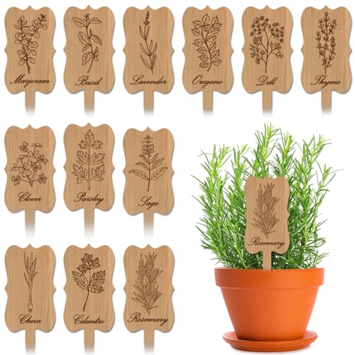 Lonfliness 36Pcs Wooden Plant Markers Garden Labels Stakes Plant Herb Tags Sign Nursery Plant Tags with Printed Herb Name Gardener Gifts for Indoor Outdoor Garden Supplies Potted Herb Flower 12 Styles