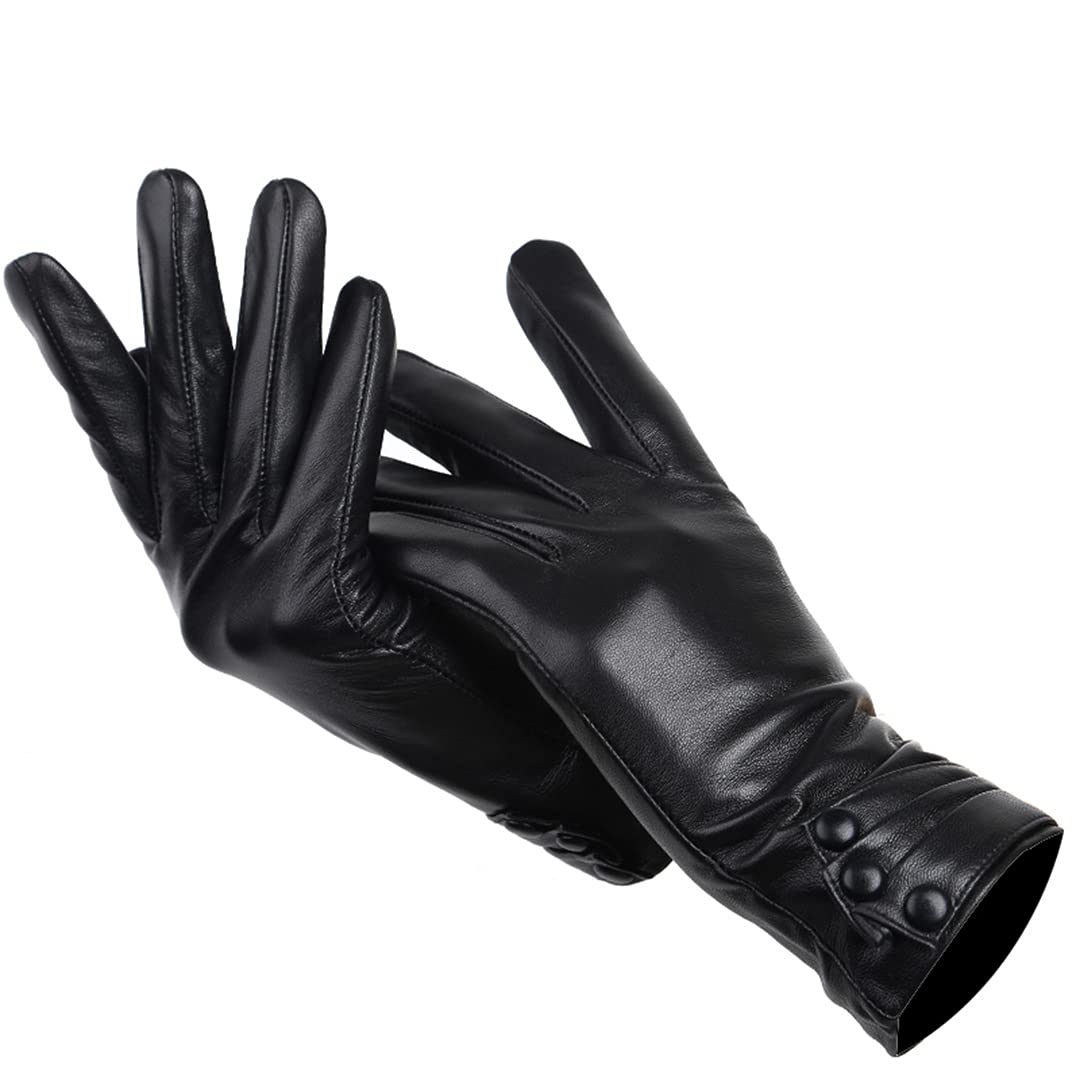 Touch Gloves Guanti in pelle da donna pieghettati con tre bottoni Guanti invernali da donna caldi Black 8