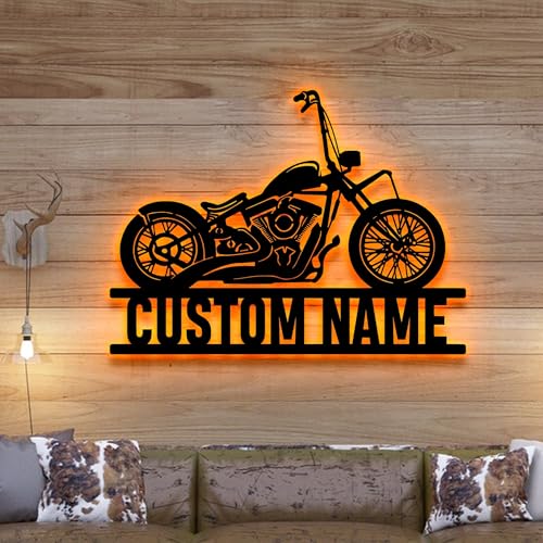 Image of Custom Motorcycle Metal Sign With LED Light, Motorcycle Metal Wall Art, Motorcycle Garage Name Sign Personalized, Garage Decor, Motocross Rider Gift