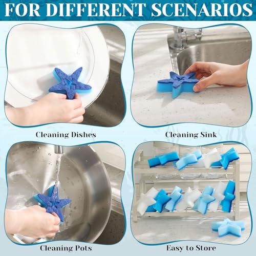 Image of Tioncy 12 Pack Summer Starfish Kitchen Sponges Bulk Dual Sided Scrubber White Blue Starfish Sponges Dishwashing Kitchen Cleaning Accessories for Funny Christmas Household Supplies