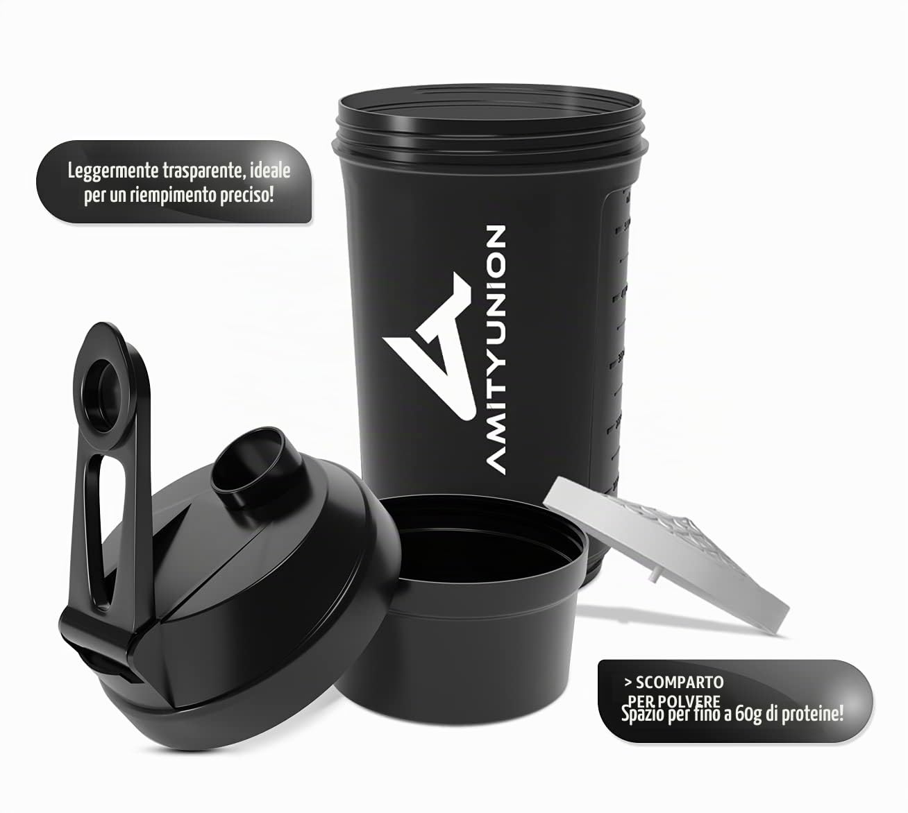 AMITYUNION Shaker per proteine ​​FYRA 700 ml con contenitore - scomparto polvere - shaker per proteine, senza BPA con setaccio e scala per frullati di siero di latte e BCCA, (Black)