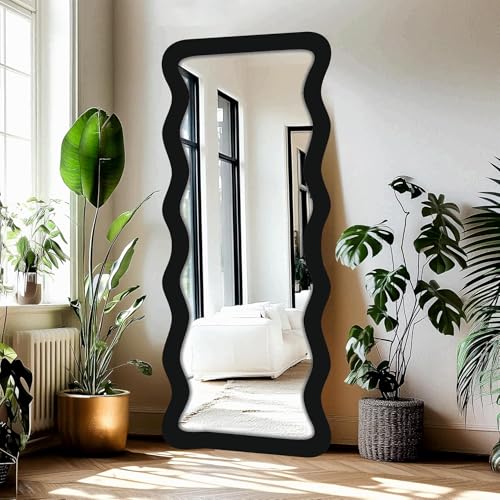 Image of Creative Arts n Frames 22 x 52 inch Full Length Dressing Chevel Long MDF Wood Zigzag Curvy Irregular Shape Framed HD Mirror Home Decor Items (Classic Black Zigzag2 Full Length Mirror)