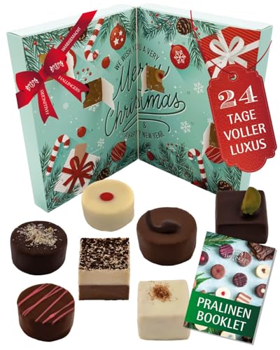 Hallingers Genuss Manufaktur Pralinen Adventskalender ohne Alkohol – 24 handgemachte Premium Schoko Pralinen aus Edelkako - Süßigkeiten Geschenk Familie Kinder Erwachsene - Weihnachtskalender 2025