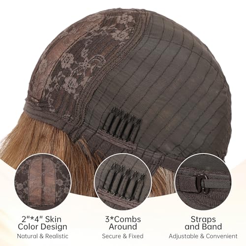 Image of KKU 16 Inch Brown Mixed Blonde Human Hair Wig,Human Hair Wigs,Human Hair Wig With Bangs, Lady Wigs Human Hair, Real Hair Wigs For Women