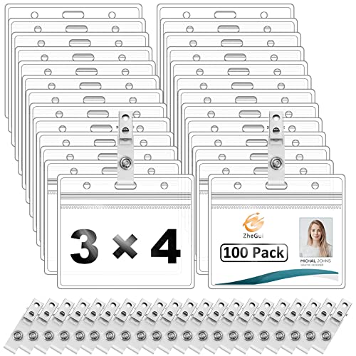 Clear Plastic Horizontal Name Tag Holder and Metal Badge Clip with Vinyl Straps Waterproof PVC ID Card Holders (100 Pack, Horizontal Large 3x4)